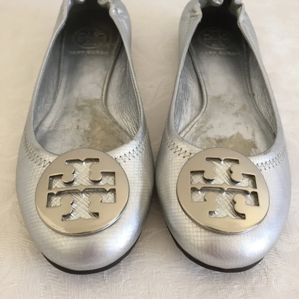 Tory Burch Reva Logo Silver Leather Ballet Flat